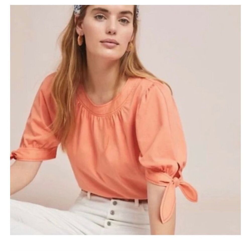 Anthropologie 100% cotton coral Puff Sleeve Button Back Shirt size S
